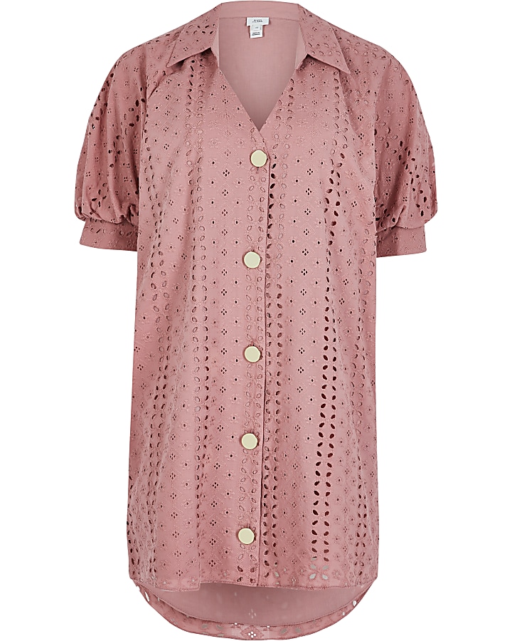 Pink short sleeve broderie shirt mini dress