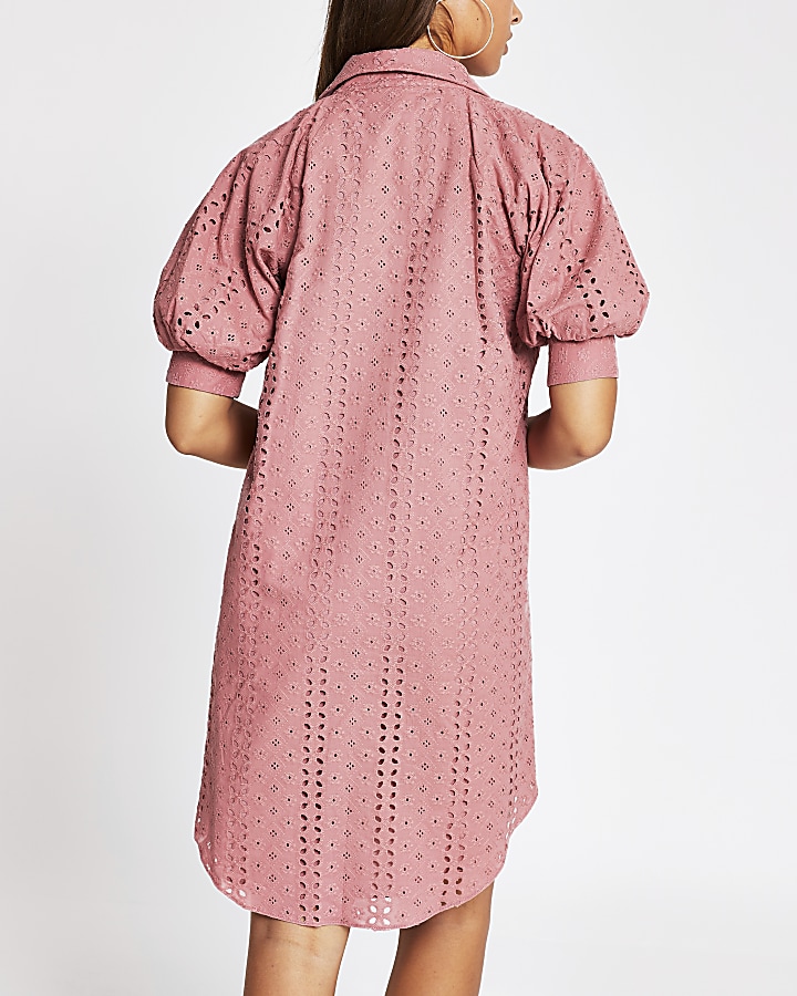 Pink short sleeve broderie shirt mini dress