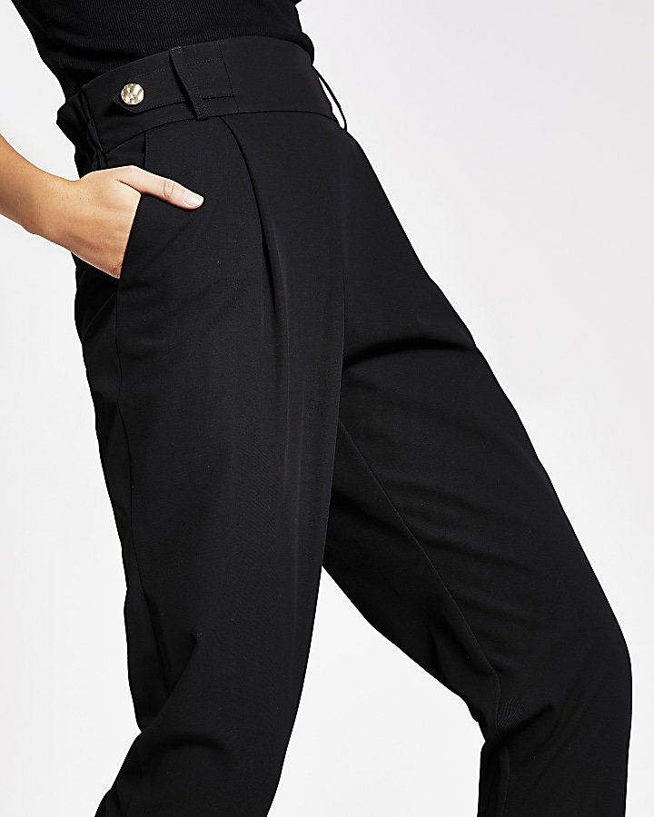 Black button waist pleated peg trousers