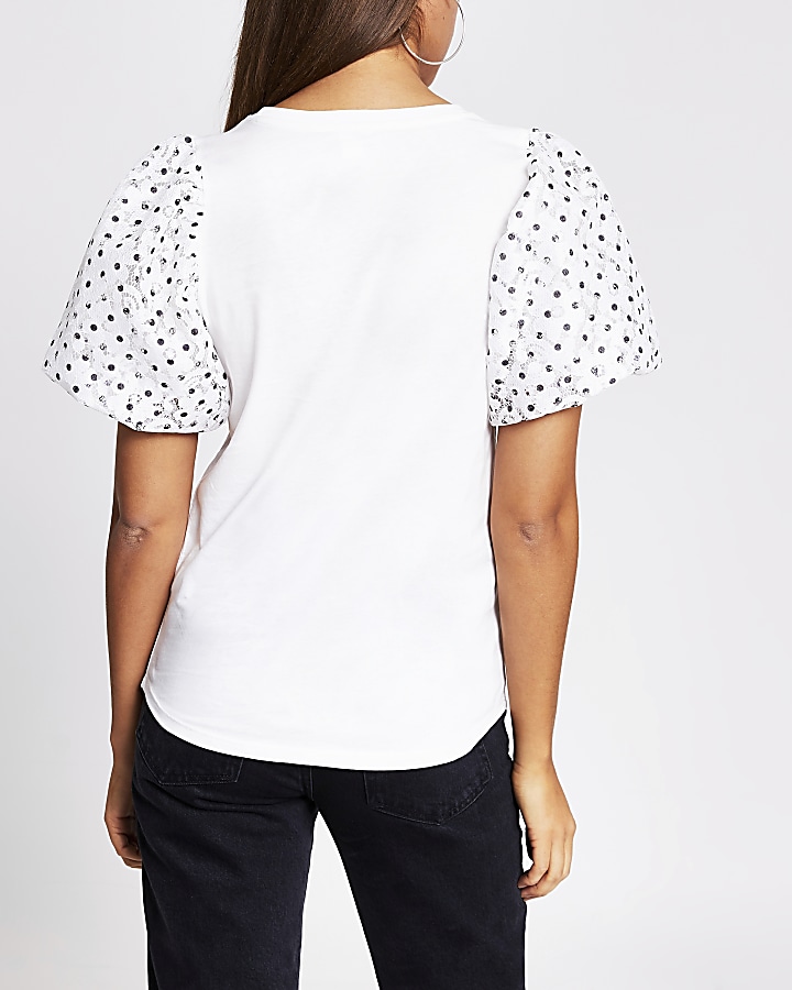 White spot lace puffball sleeve tee