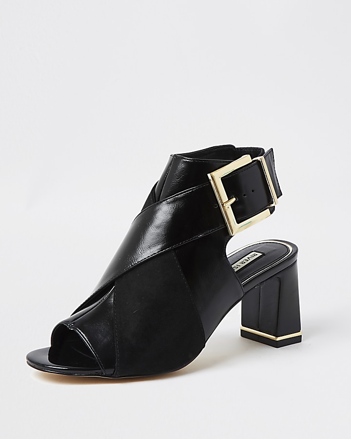 Black faux leather peep toe shoe boot