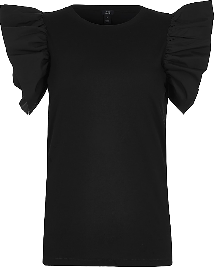 Black taffeta frill sleeve T-shirt