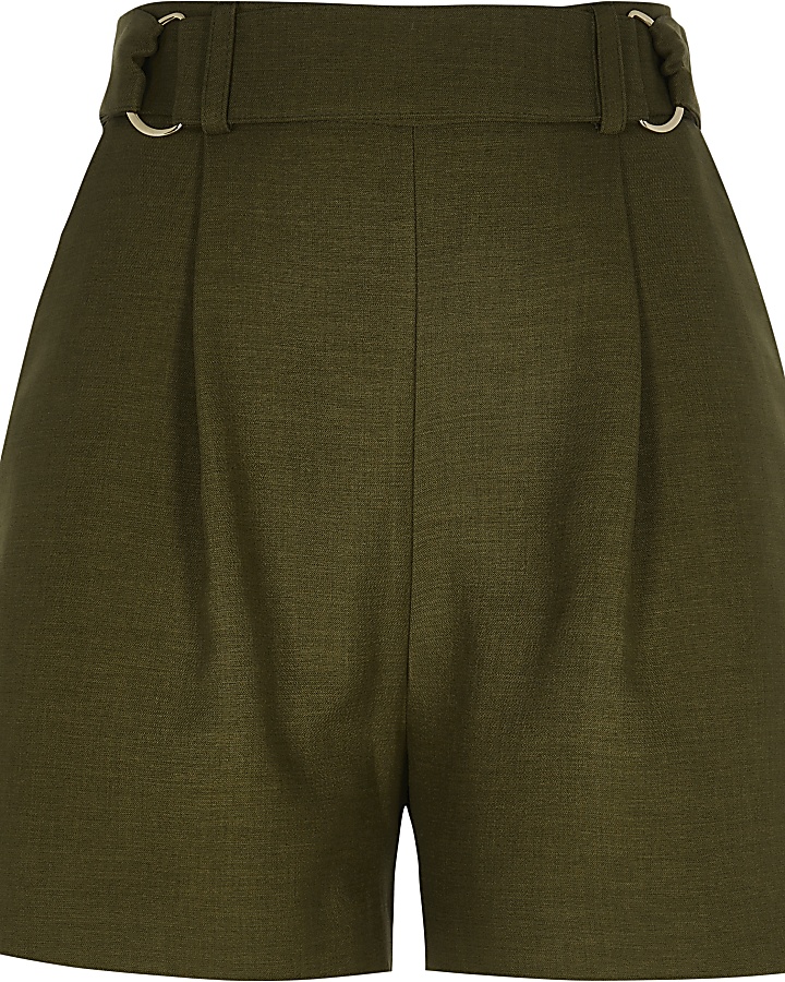 Khaki buckle side structured shorts