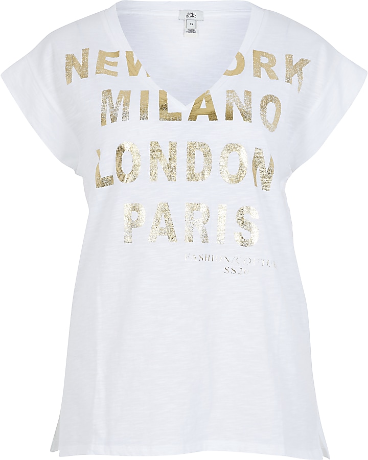 White 'New York' V neck t-shirt