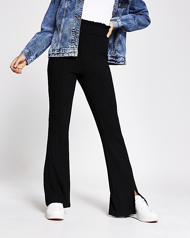 Black ribbed frill waist flare trousers