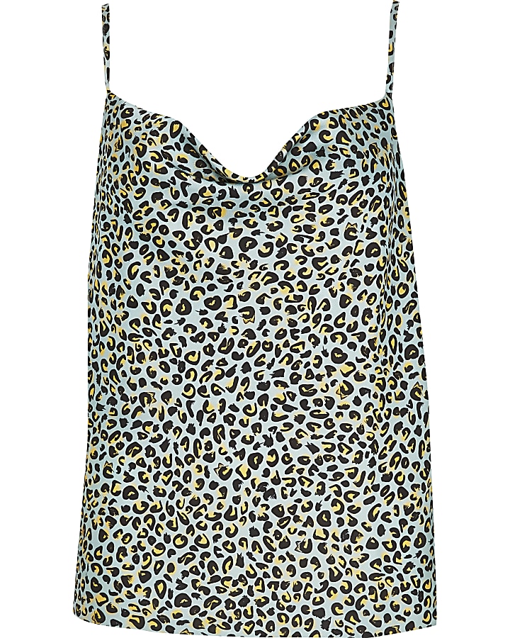 Turquoise printed cowl neck cami top