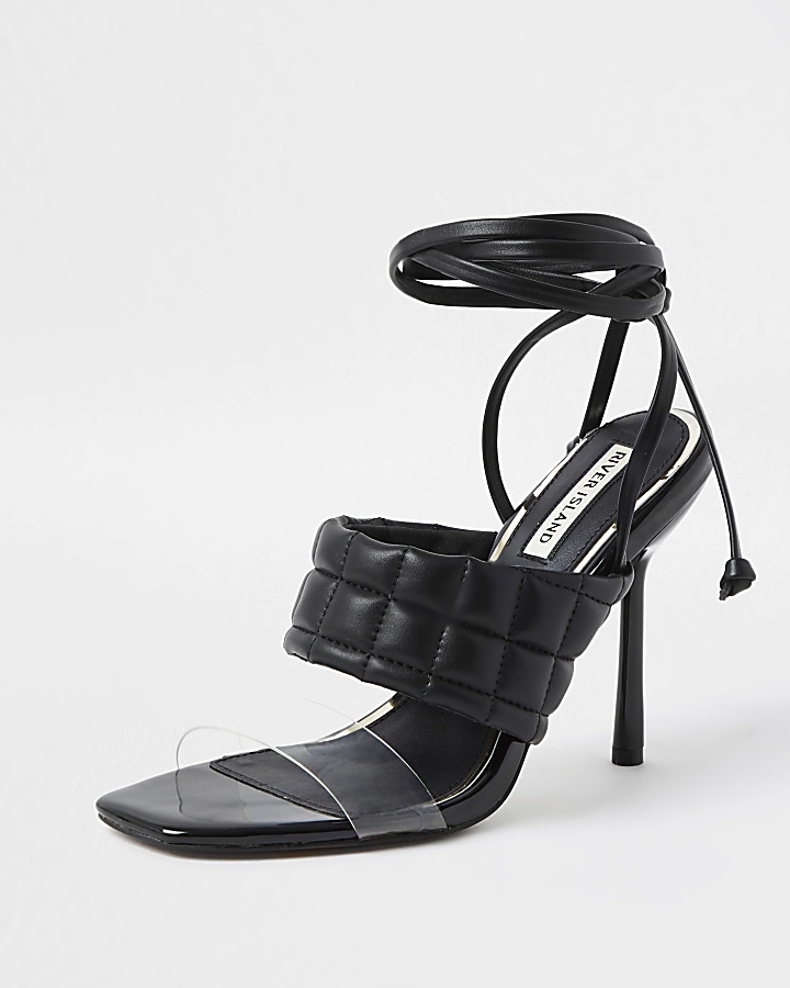Black padded tie up sandal heels