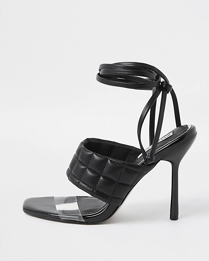 Black padded tie up sandal heels