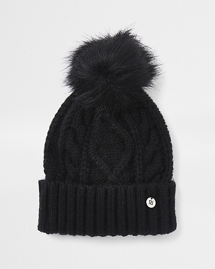 Black cable knit beanie hat
