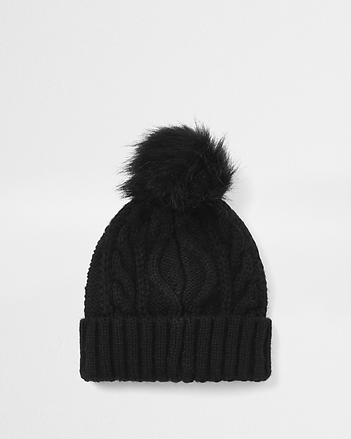 Black cable knit beanie hat
