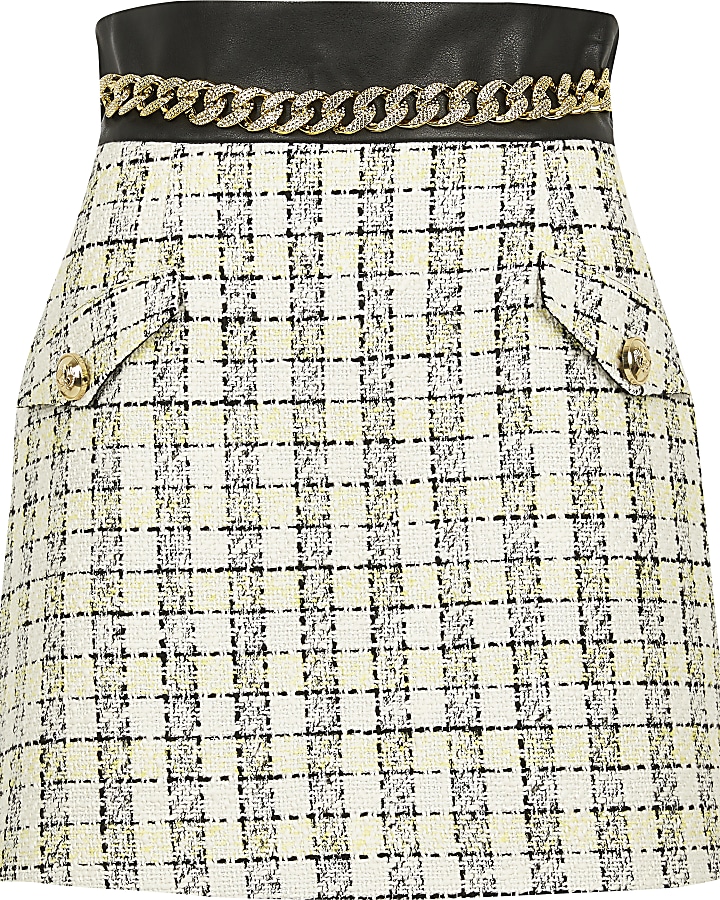 Cream boucle check chain waist mini skirt