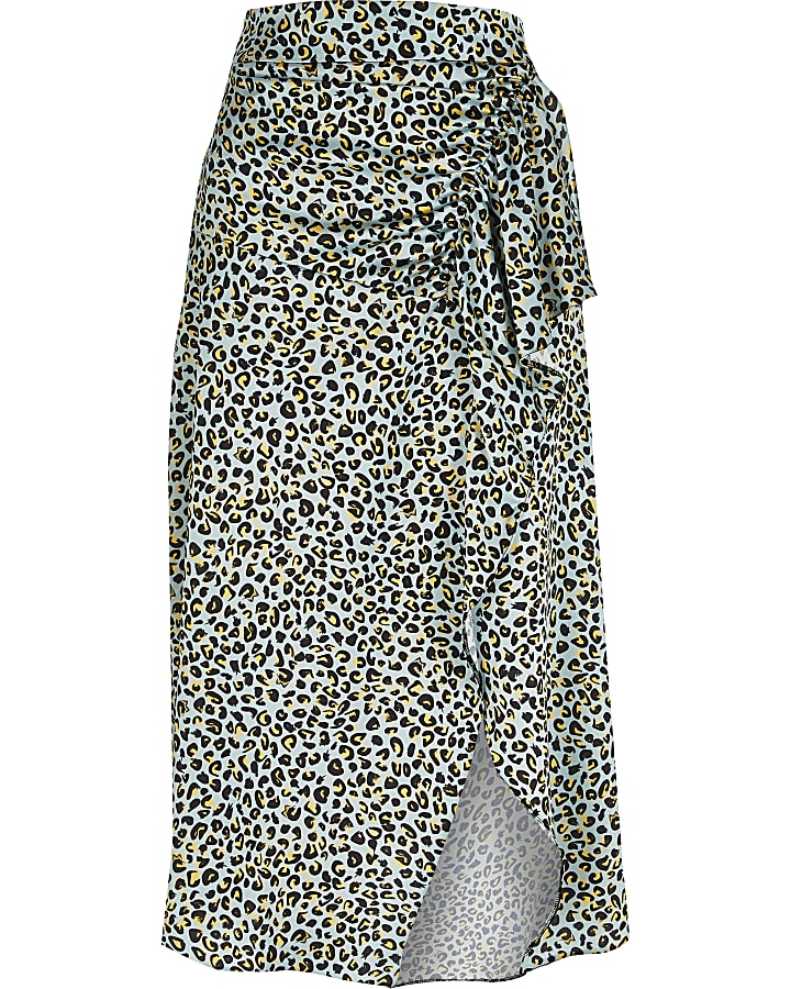 Aqua leopard print wrap frill midi skirt