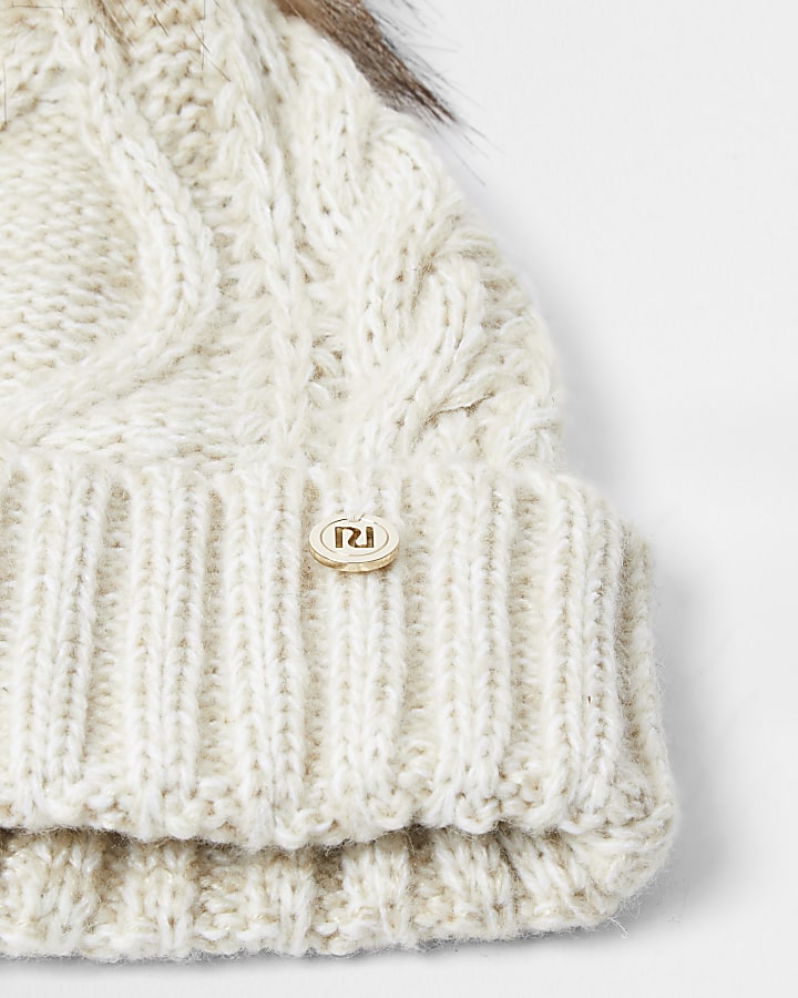 Beige cable knit beanie hat