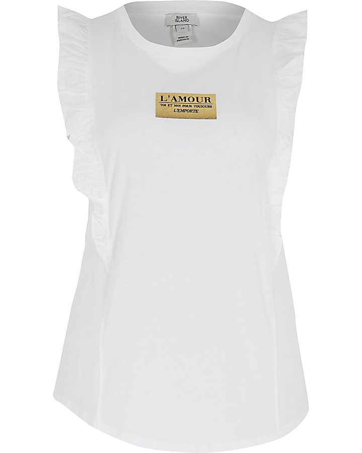 White 'L'amour' frill tank top