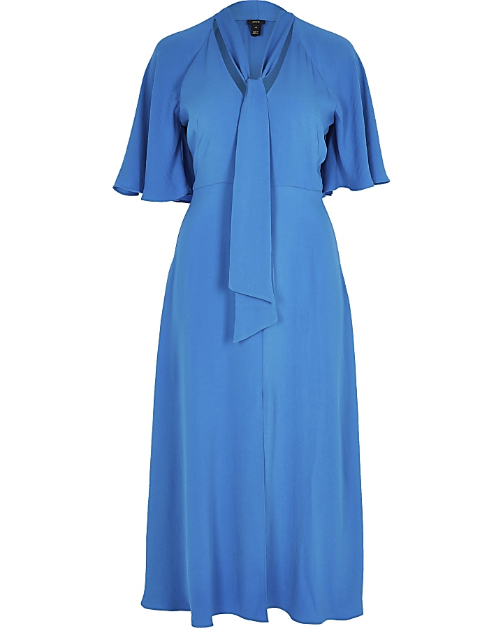 Blue pussybow waisted midi dress