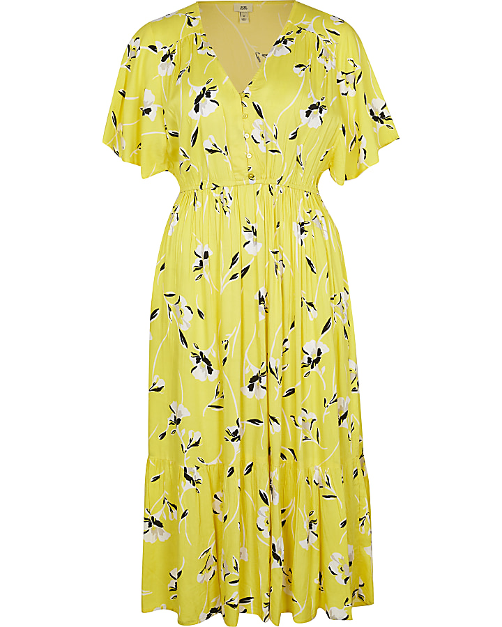 Yellow batwing sleeve floral smock midi dress