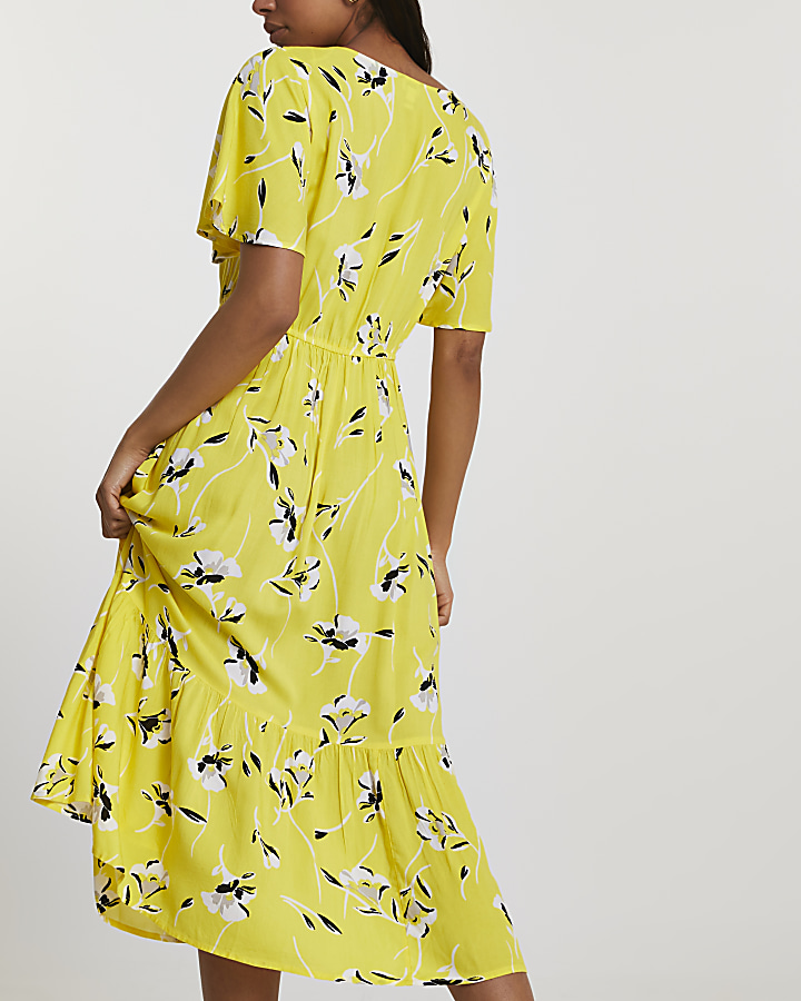 Yellow batwing sleeve floral smock midi dress