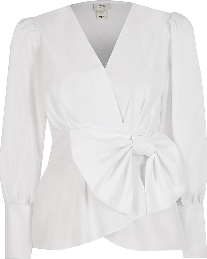 White wrap bow peplum blouse