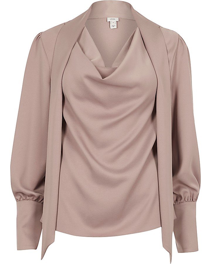 Pink tie cowl neck long sleeve blouse