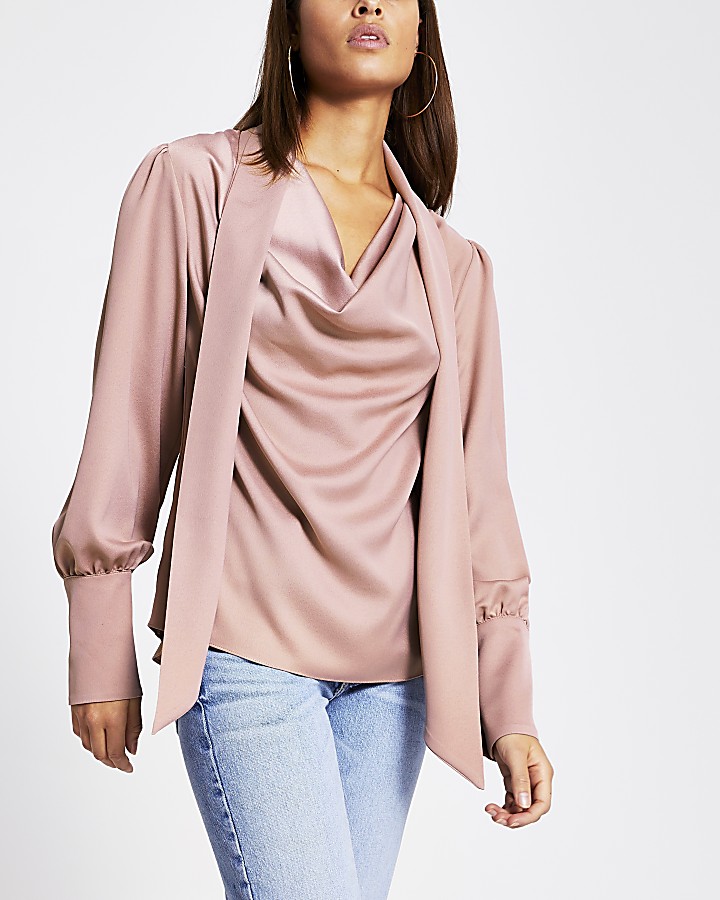Pink tie cowl neck long sleeve blouse