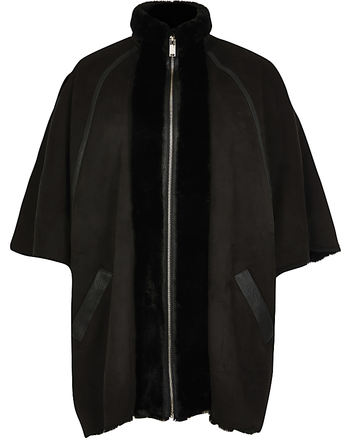 Black shearling faux fur bonded cape