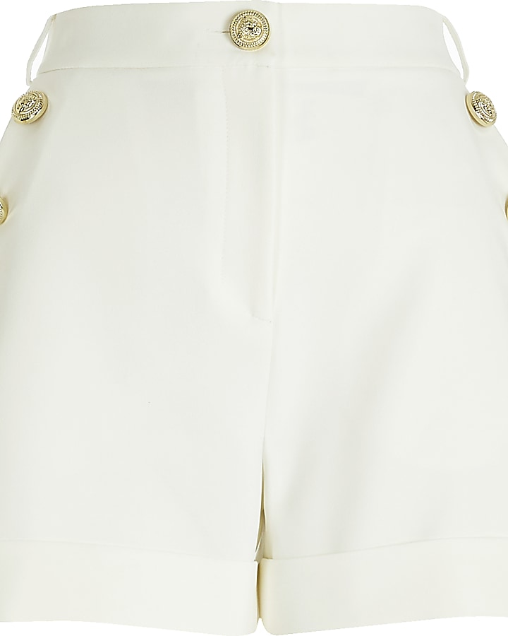 White button front high rise shorts