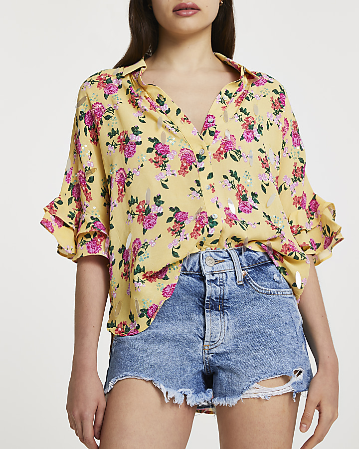 Yellow short sleeve embellished rose shirt