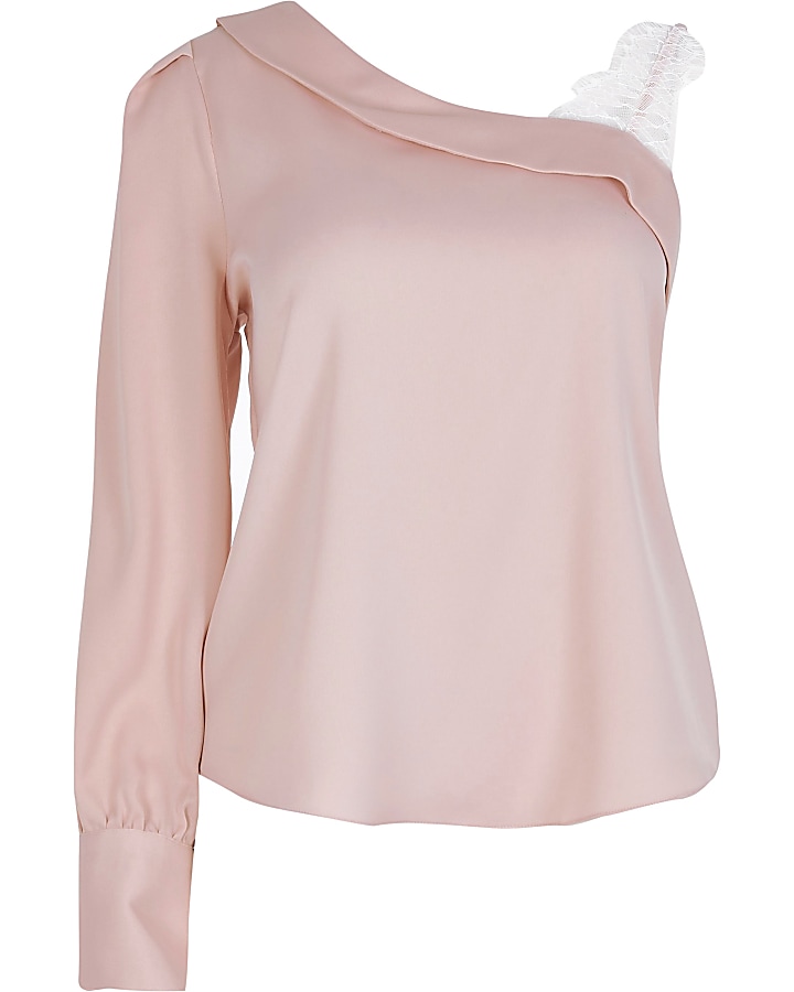 Pink one asymmetric shoulder blouse