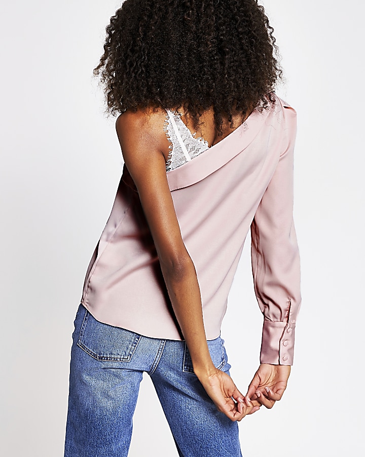 Pink one asymmetric shoulder blouse