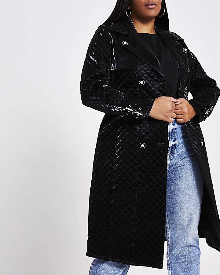 Plus black quilted faux Leather belted Coat