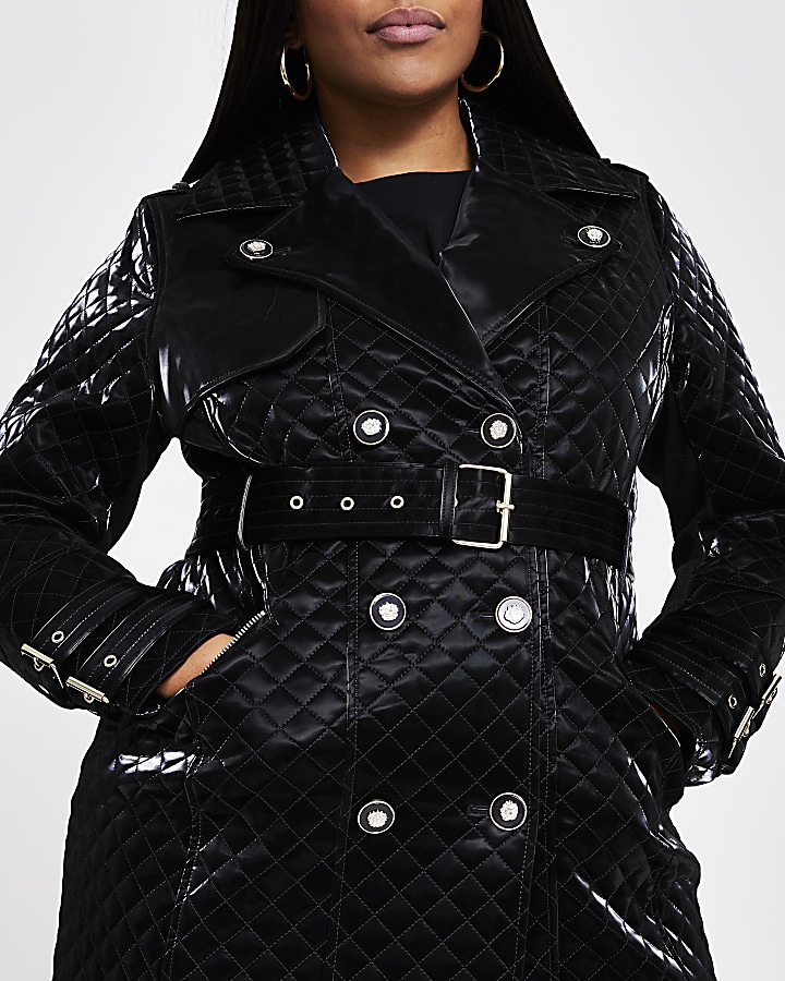 Plus black quilted faux Leather belted Coat