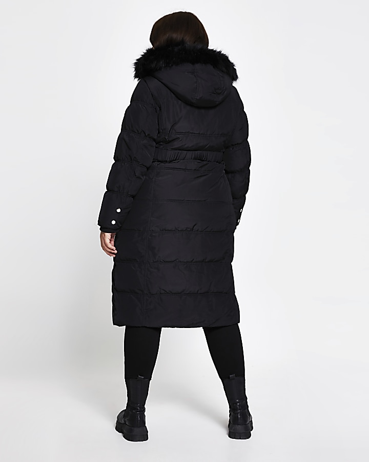 Plus black belted faux fur puffer coat