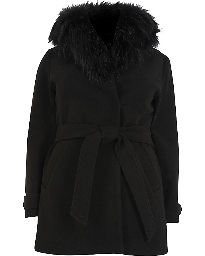 Plus black belted faux fur hooded robe coat