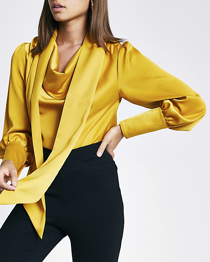 Yellow tie cowl neck long sleeve blouse