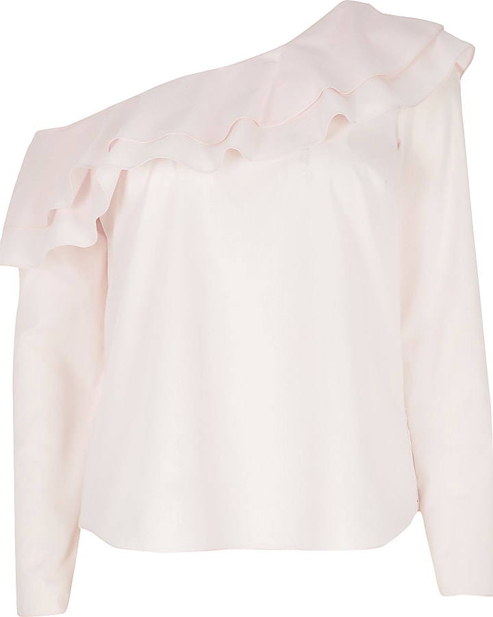 Light pink asymmetric bardot frill blouse