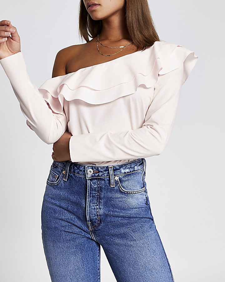 Light pink asymmetric bardot frill blouse