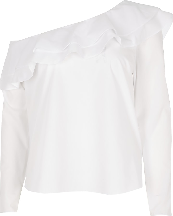 White asymmetric bardot frill blouse