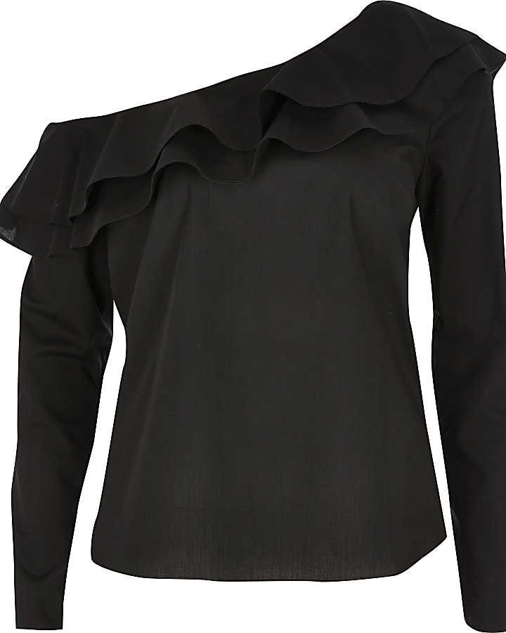 Black asymmetric bardot frill blouse