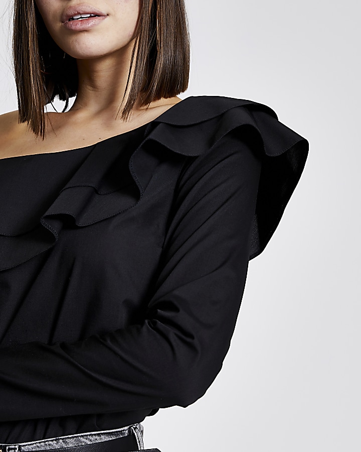 Black asymmetric bardot frill blouse