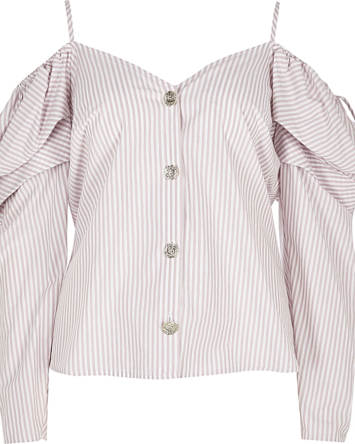 Pink stripe cold shoulder button front top