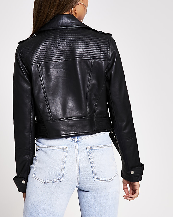 Black leather belted biker jacket