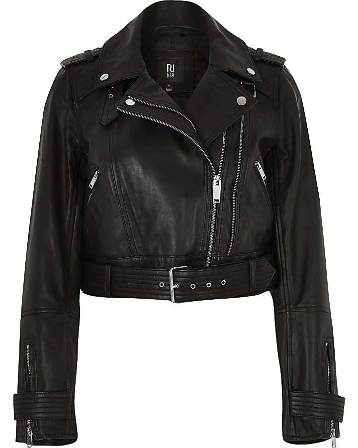 Black leather belted biker jacket