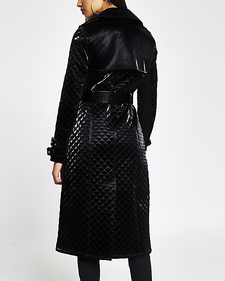 Black quilted belted faux leather coat