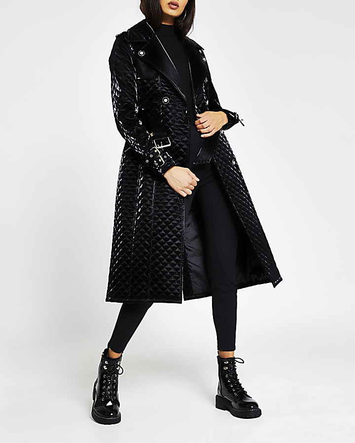 Black quilted belted faux leather coat