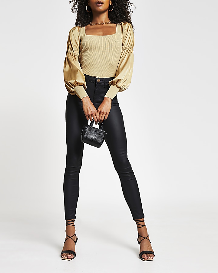 Camel satin puff sleeve fitted top