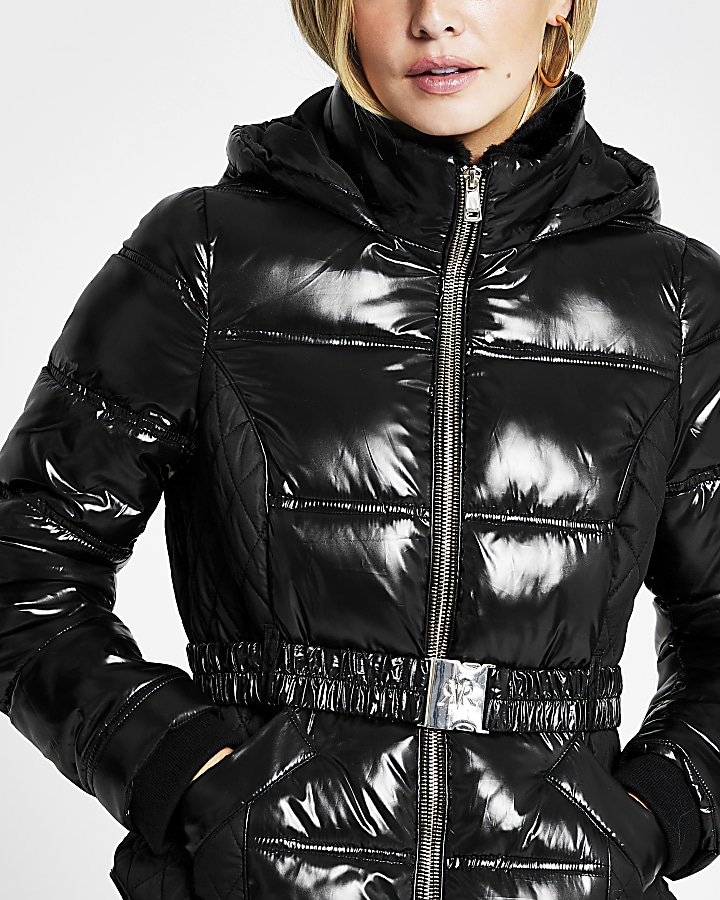 Petite black double zip padded belted jacket