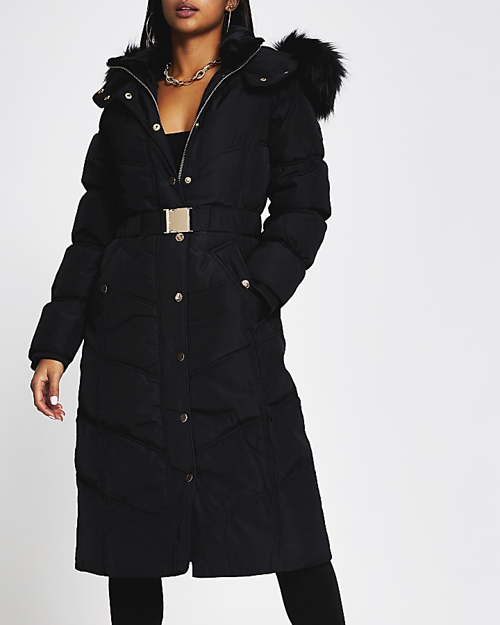 Petite black belted faux fur puffer coat