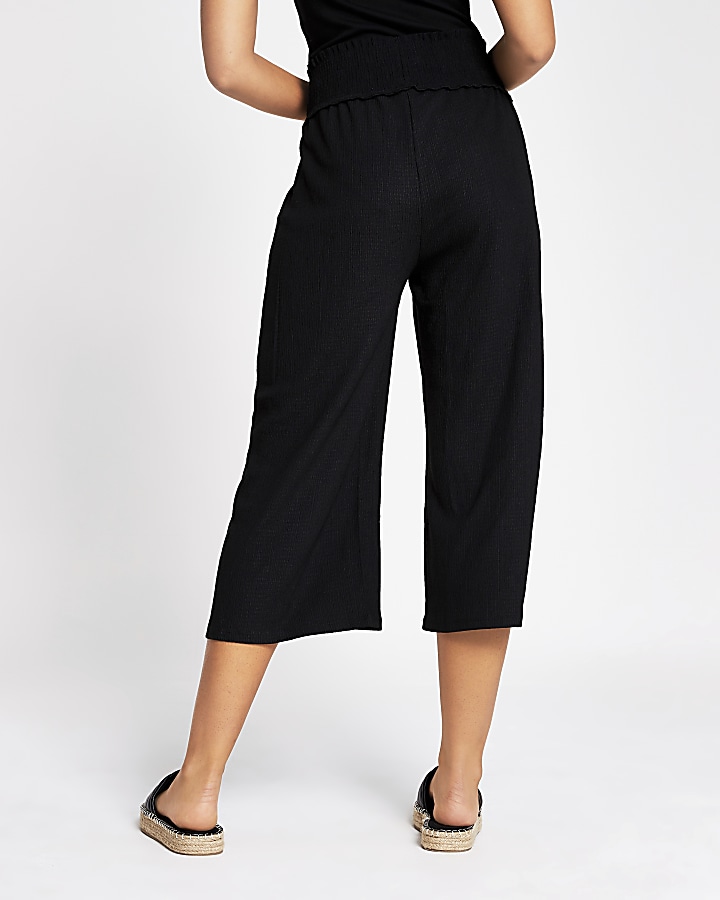 Black shirred waist culotte trousers