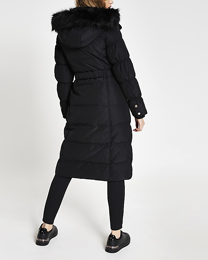 Black long line belted puffer coat