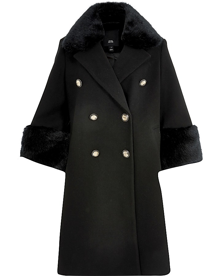 Black faux fur cuff swing coat